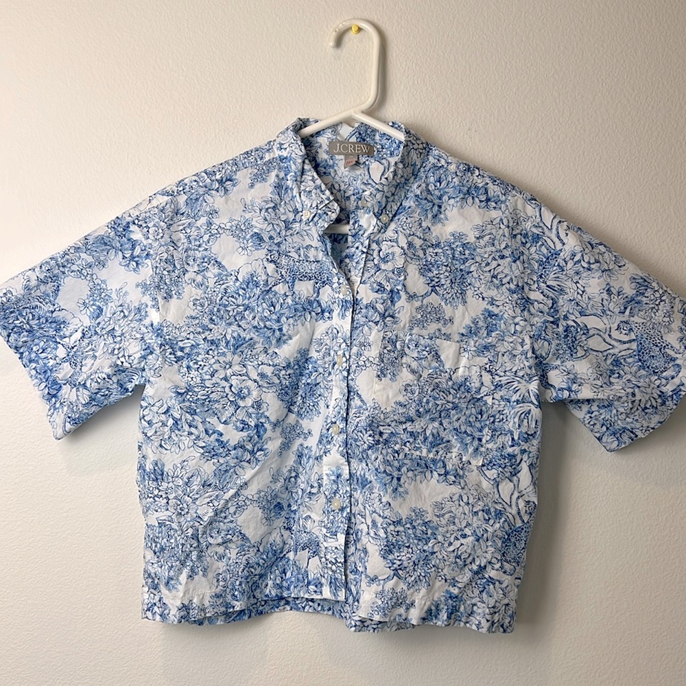 J Crew Short-sleeve pajama top in blue toile cotton poplin